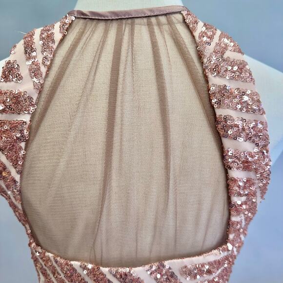 Vintage Cache Rose Gold Sequin Halter Gown Sz 6 Geometric Maxi Formal Dress Y2K - Picture 13 of 16